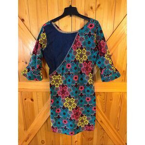 Nallem Ankara Knee Length Dress Wax Print 3/4 Bell Sleeve Dress Size 14 (6464)